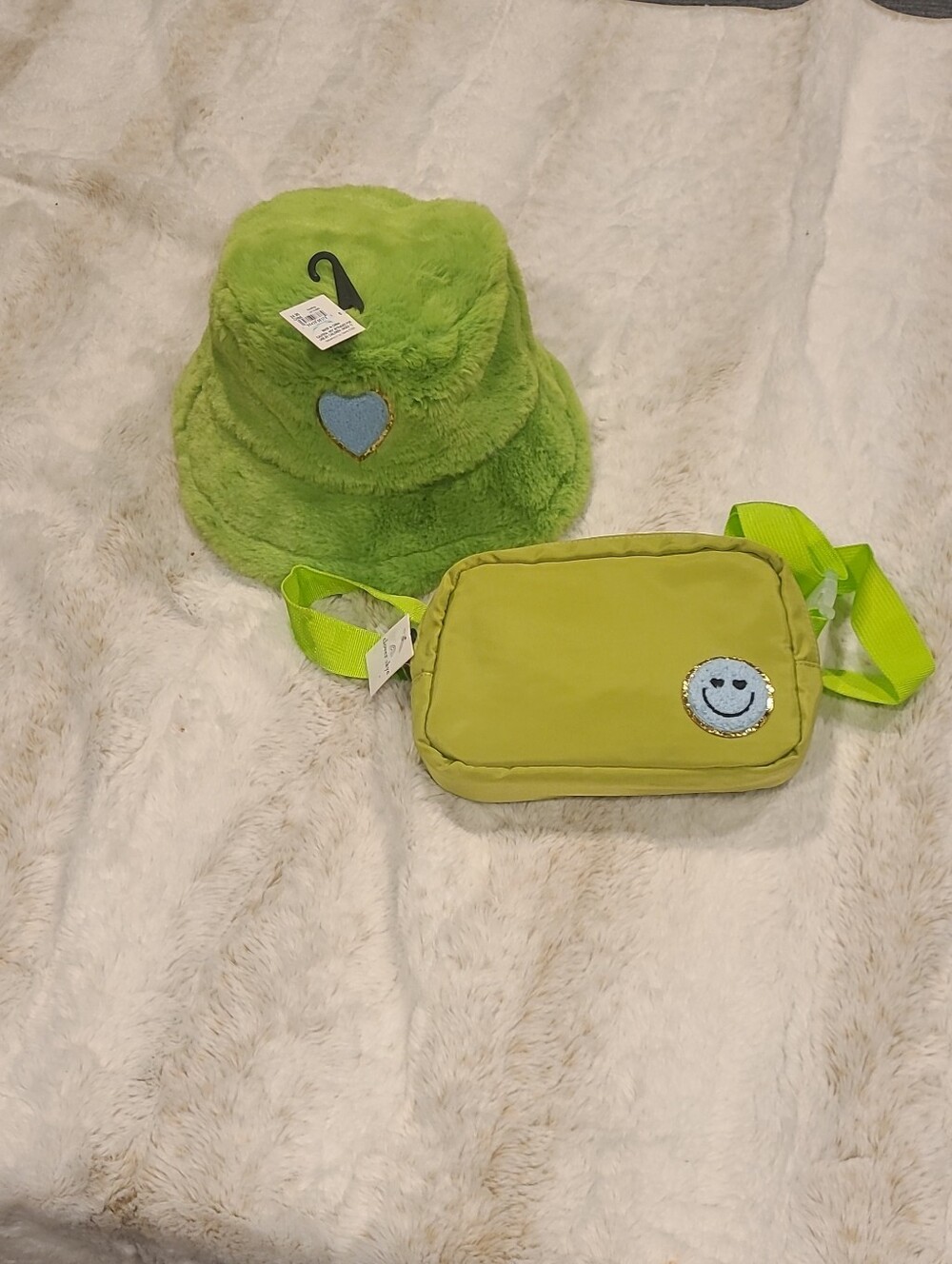 Adult Lime Green Fuzzy Bucket Hat and Matching Crossbody Bag Set